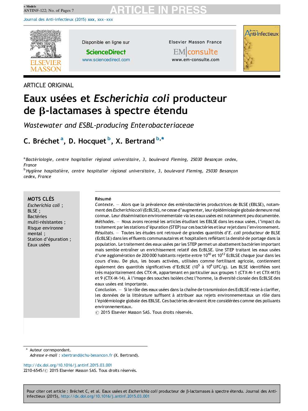 Eaux usées et Escherichia coli producteur de Î²-lactamases Ã  spectre étendu