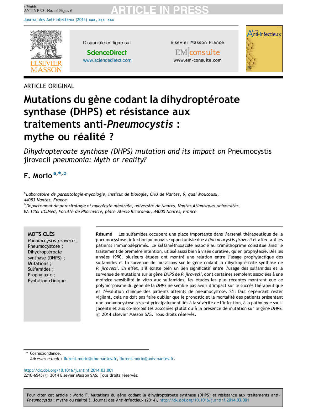 Mutations du gÃ¨ne codant la dihydroptéroate synthase (DHPS) et résistance aux traitements anti-PneumocystisÂ : mythe ou réalitéÂ ?