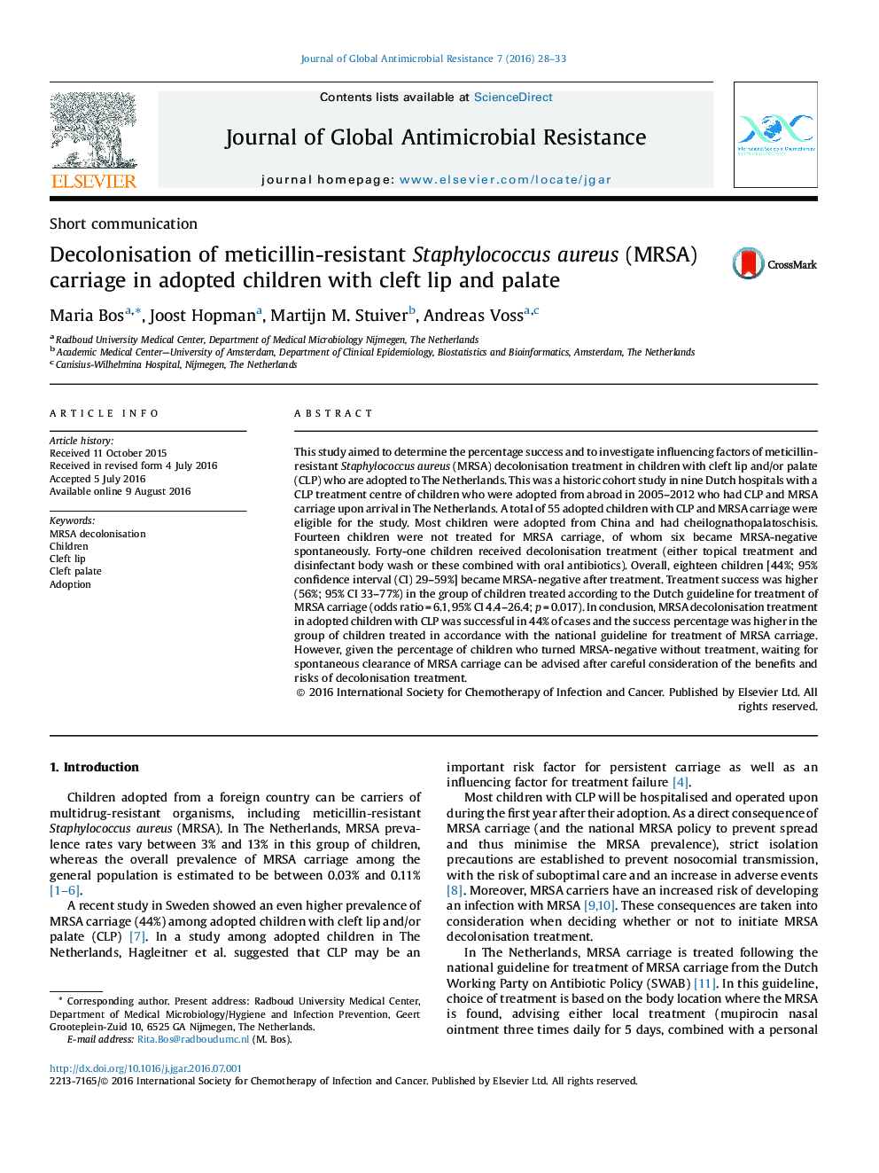 Decolonisation of meticillin-resistant Staphylococcus aureus (MRSA) carriage in adopted children with cleft lip and palate