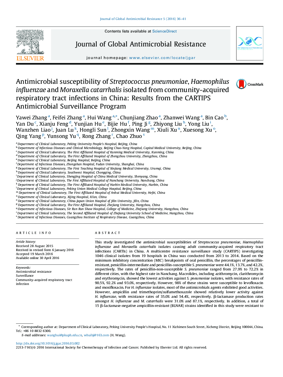 Antimicrobial susceptibility of Streptococcus pneumoniae, Haemophilus influenzae and Moraxella catarrhalis isolated from community-acquired respiratory tract infections in China: Results from the CARTIPS Antimicrobial Surveillance Program