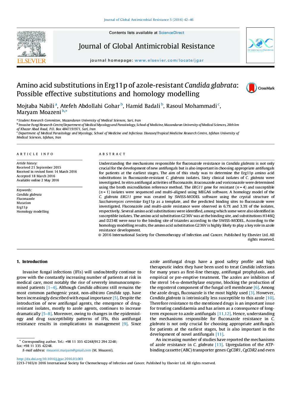 Amino acid substitutions in Erg11p of azole-resistant Candida glabrata: Possible effective substitutions and homology modelling