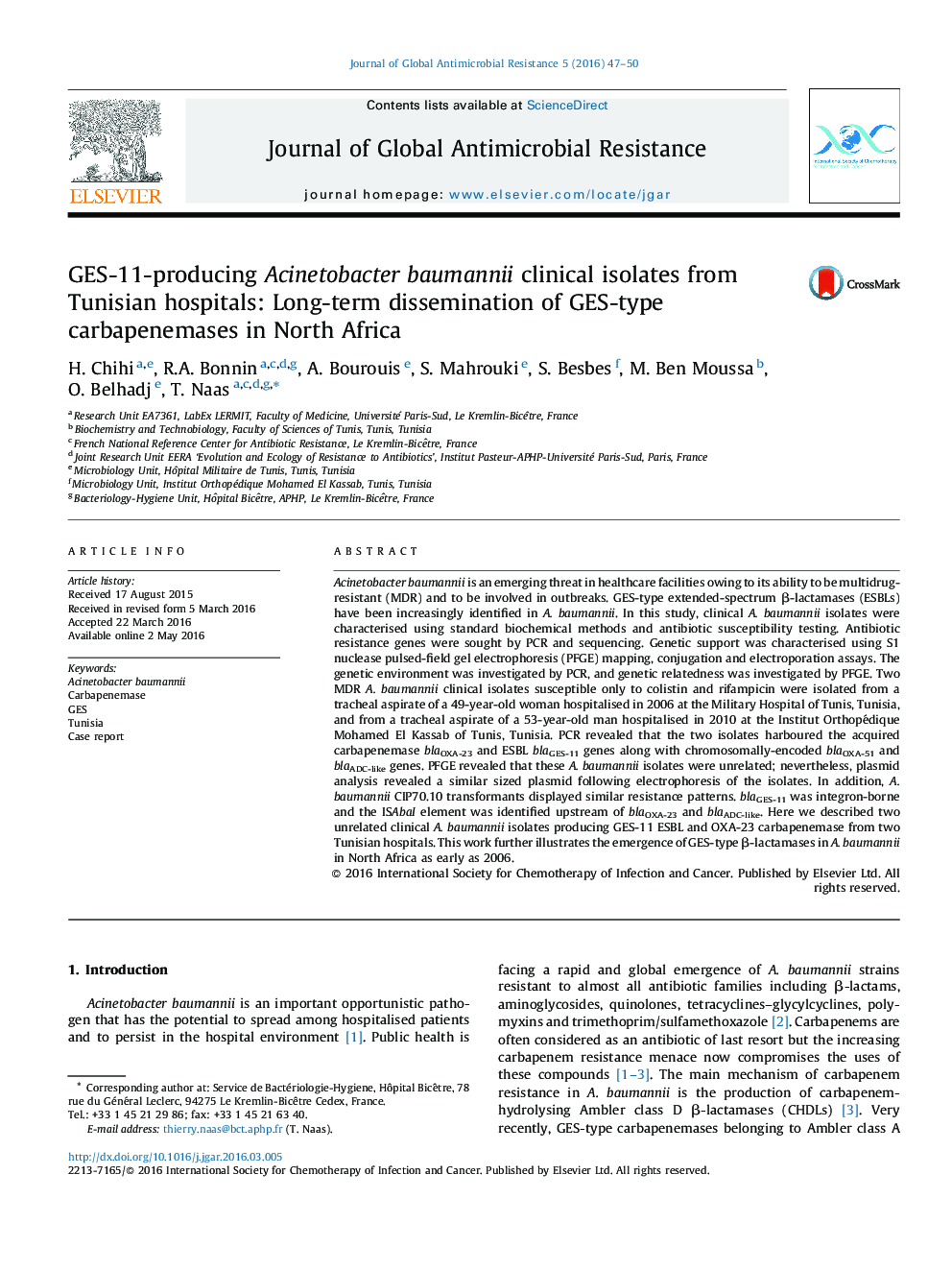 GES-11-producing Acinetobacter baumannii clinical isolates from Tunisian hospitals: Long-term dissemination of GES-type carbapenemases in North Africa