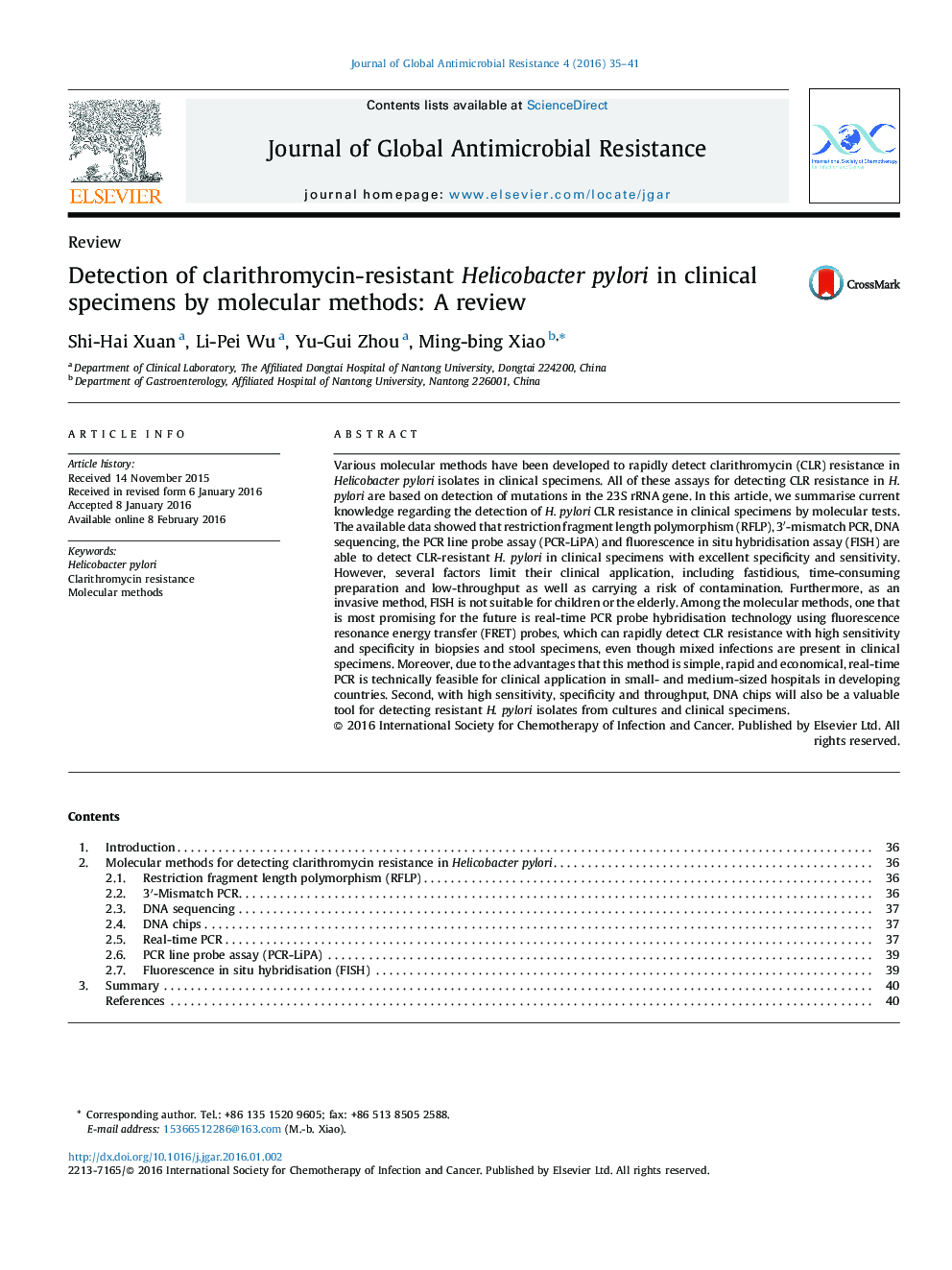 Detection of clarithromycin-resistant Helicobacter pylori in clinical specimens by molecular methods: A review