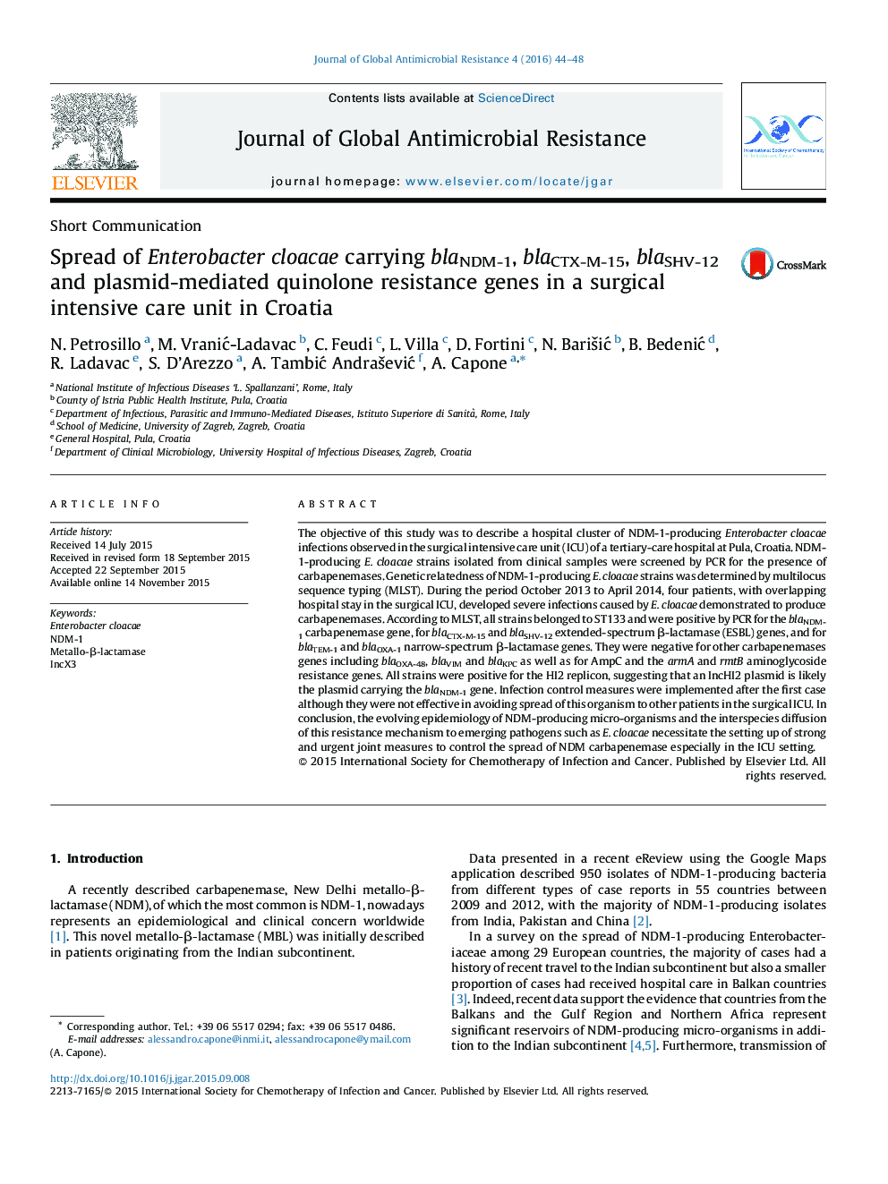 Spread of Enterobacter cloacae carrying blaNDM-1, blaCTX-M-15, blaSHV-12 and plasmid-mediated quinolone resistance genes in a surgical intensive care unit in Croatia