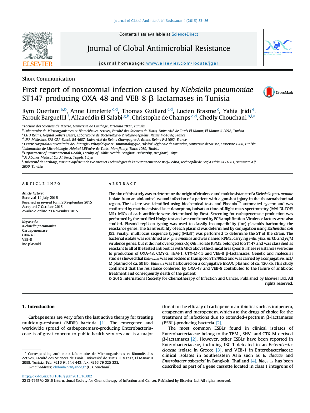 First report of nosocomial infection caused by Klebsiella pneumoniae ST147 producing OXA-48 and VEB-8 β-lactamases in Tunisia