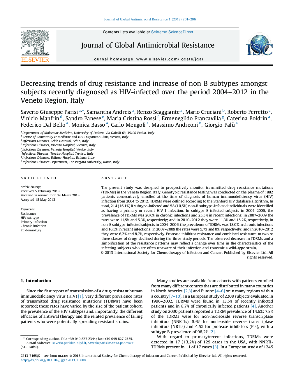 Decreasing trends of drug resistance and increase of non-B subtypes amongst subjects recently diagnosed as HIV-infected over the period 2004-2012 in the Veneto Region, Italy