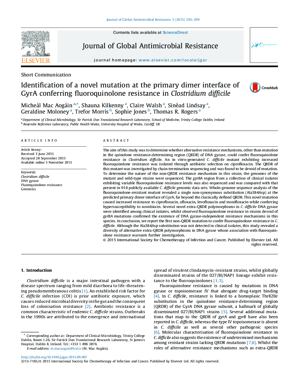 Identification of a novel mutation at the primary dimer interface of GyrA conferring fluoroquinolone resistance in Clostridium difficile