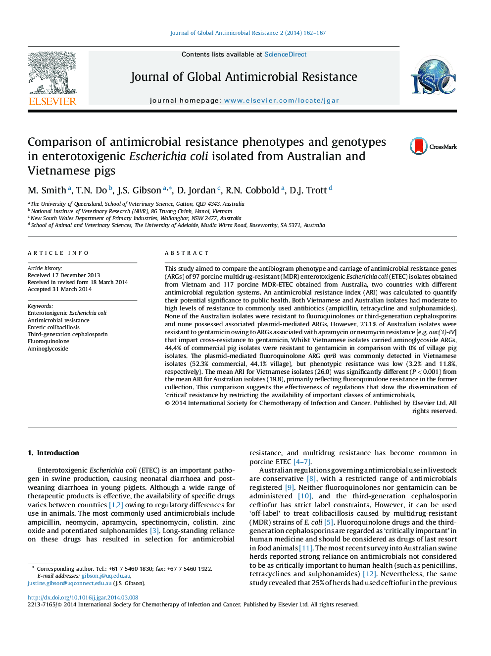 Comparison of antimicrobial resistance phenotypes and genotypes in enterotoxigenic Escherichia coli isolated from Australian and Vietnamese pigs