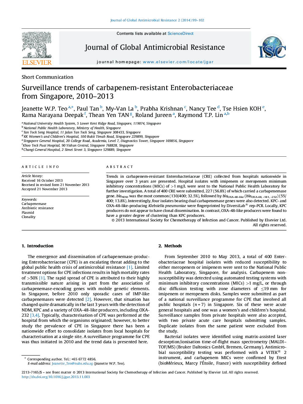 Surveillance trends of carbapenem-resistant Enterobacteriaceae from Singapore, 2010–2013