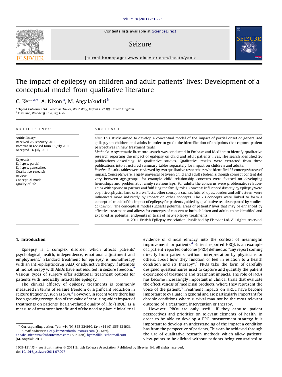 The impact of epilepsy on children and adult patients’ lives: Development of a conceptual model from qualitative literature