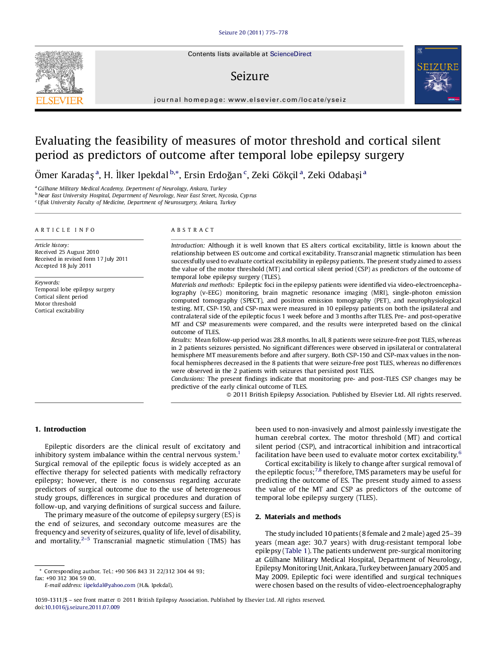 Evaluating the feasibility of measures of motor threshold and cortical silent period as predictors of outcome after temporal lobe epilepsy surgery