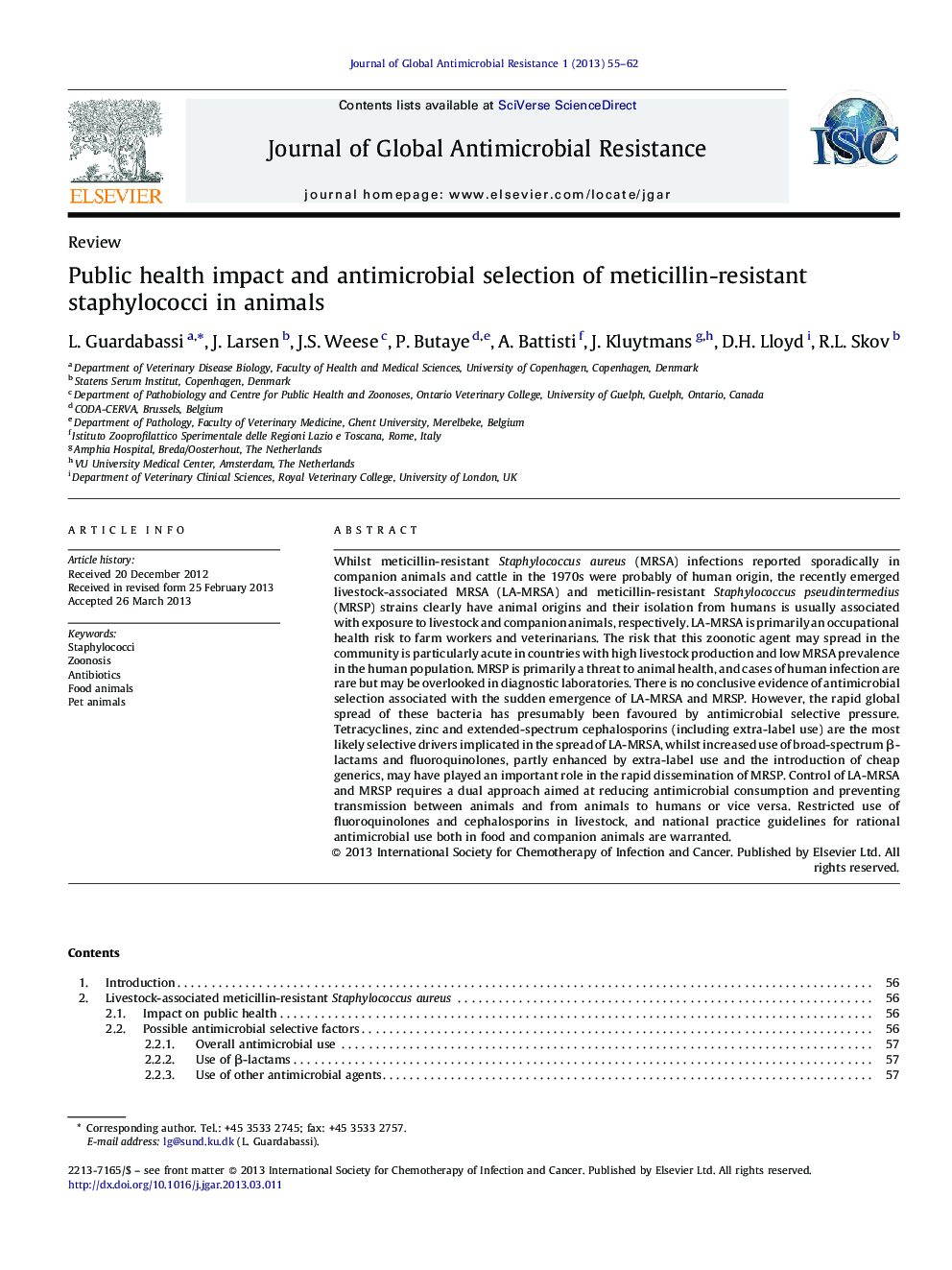 Public health impact and antimicrobial selection of meticillin-resistant staphylococci in animals