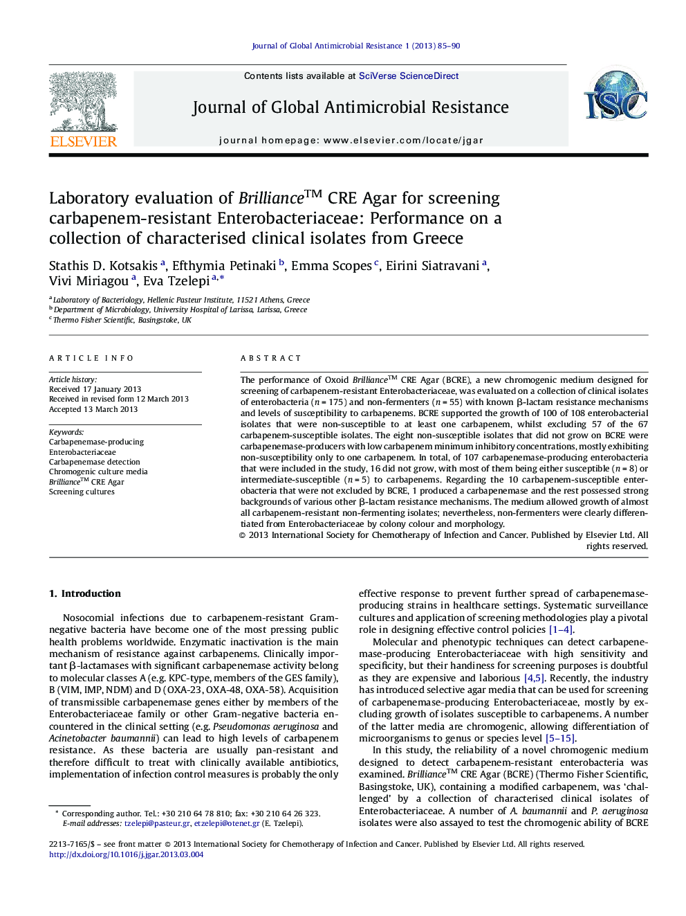 Laboratory evaluation of Brilliance™ CRE Agar for screening carbapenem-resistant Enterobacteriaceae: Performance on a collection of characterised clinical isolates from Greece