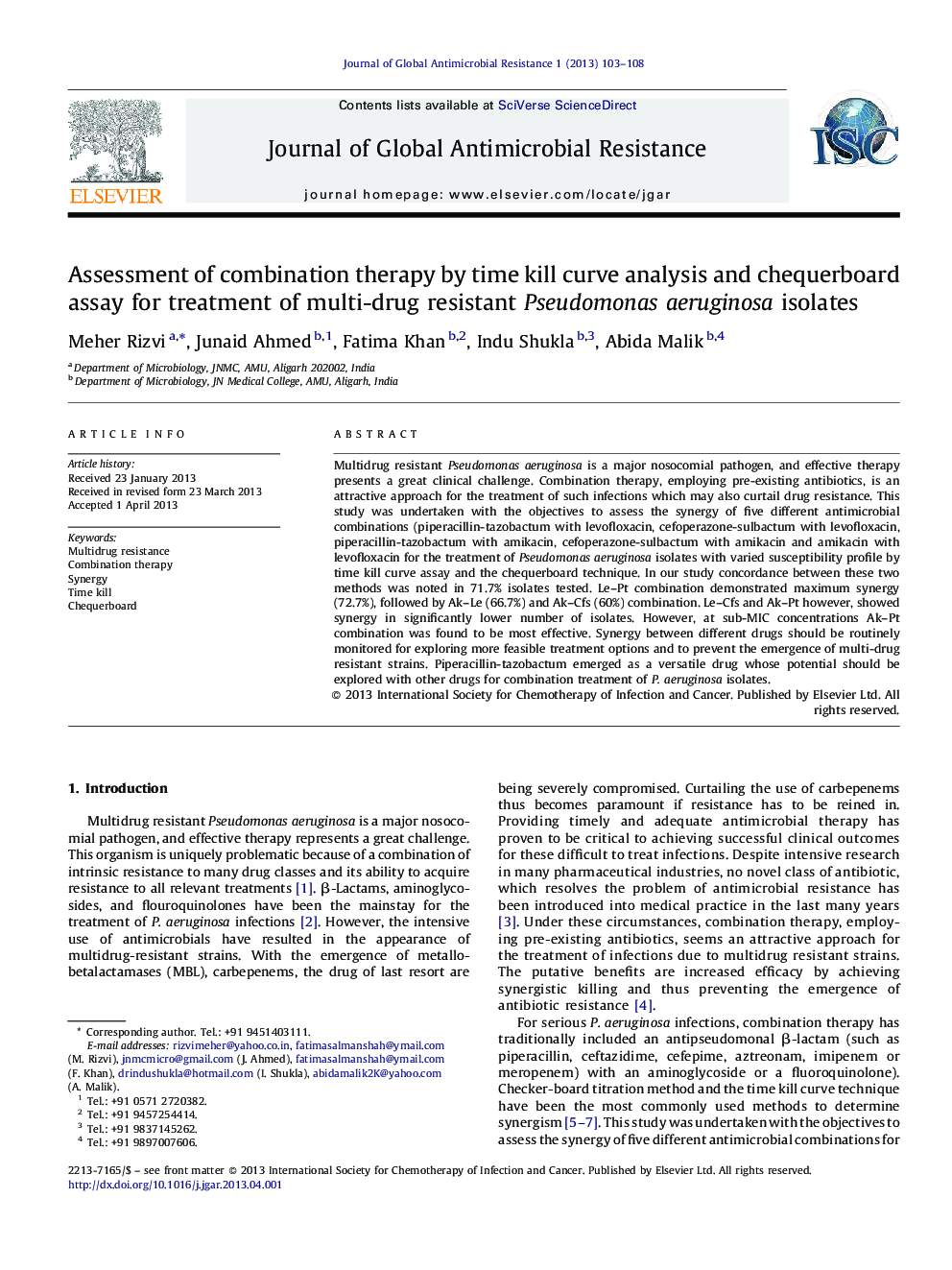 Assessment of combination therapy by time kill curve analysis and chequerboard assay for treatment of multi-drug resistant Pseudomonas aeruginosa isolates