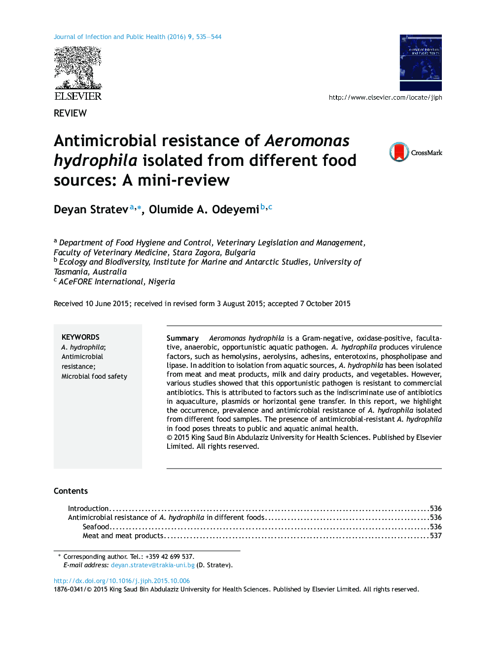 Antimicrobial resistance of Aeromonas hydrophila isolated from different food sources: A mini-review