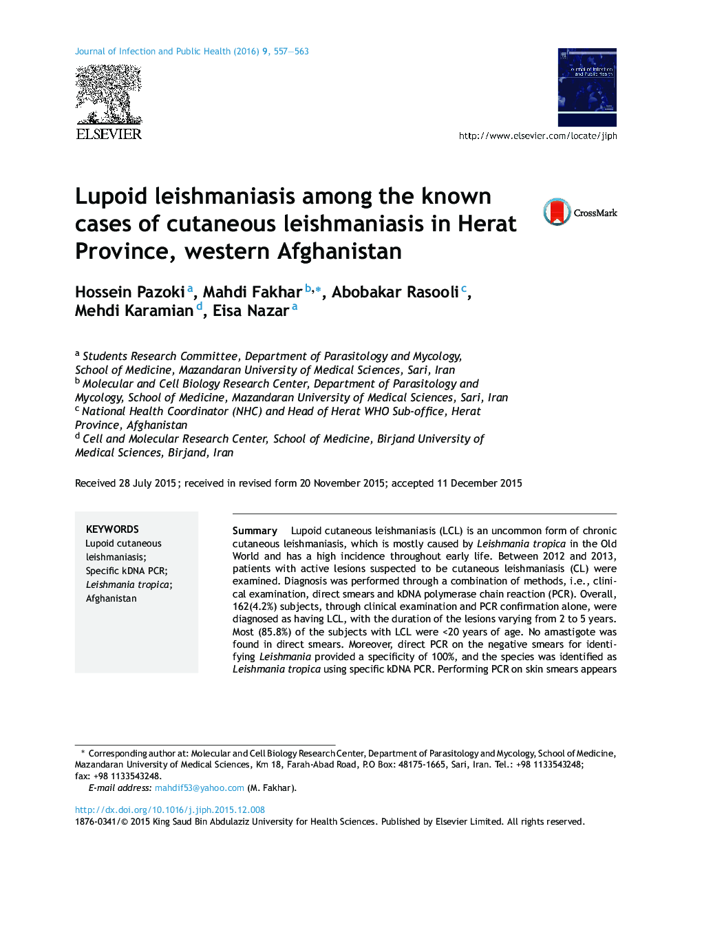 Lupoid leishmaniasis among the known cases of cutaneous leishmaniasis in Herat Province, western Afghanistan