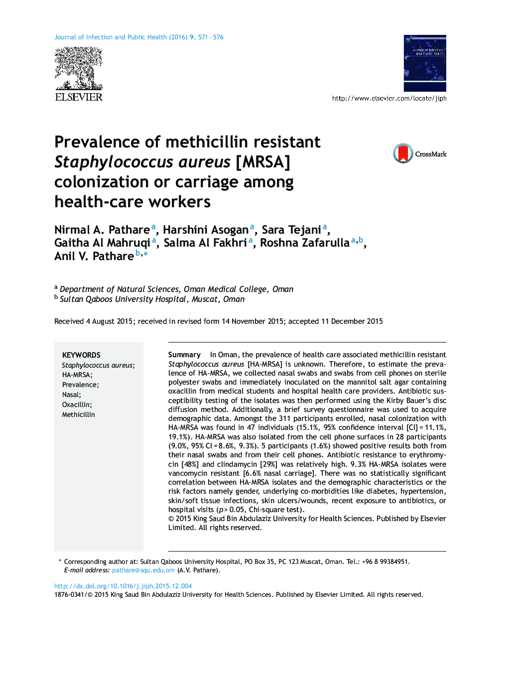 Prevalence of methicillin resistant Staphylococcus aureus [MRSA] colonization or carriage among health-care workers