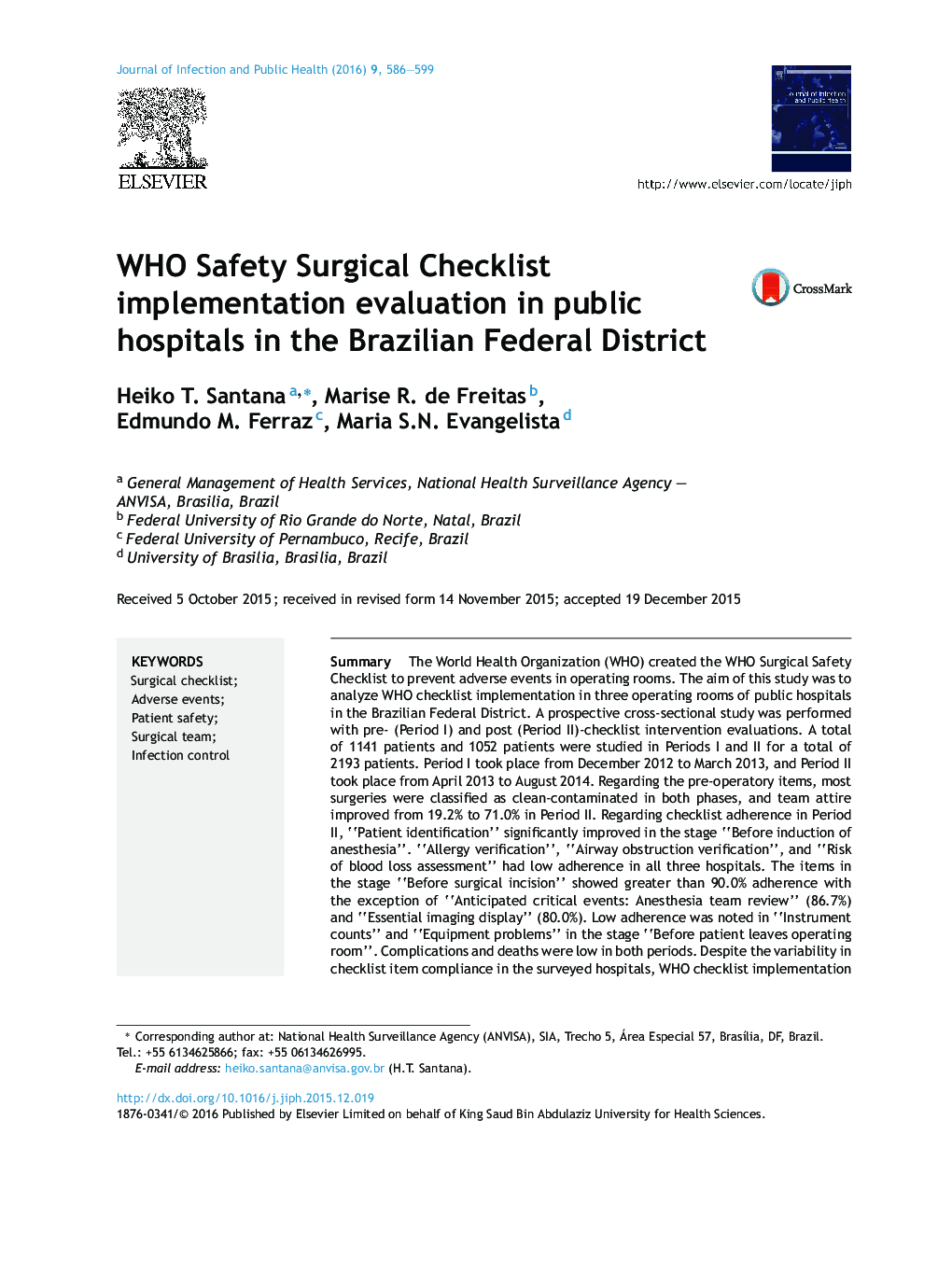 ارزیابی اجرای فهرست بررسی جراحی ایمنی WHO در بیمارستانهای دولتی در منطقه فدرال برزیل