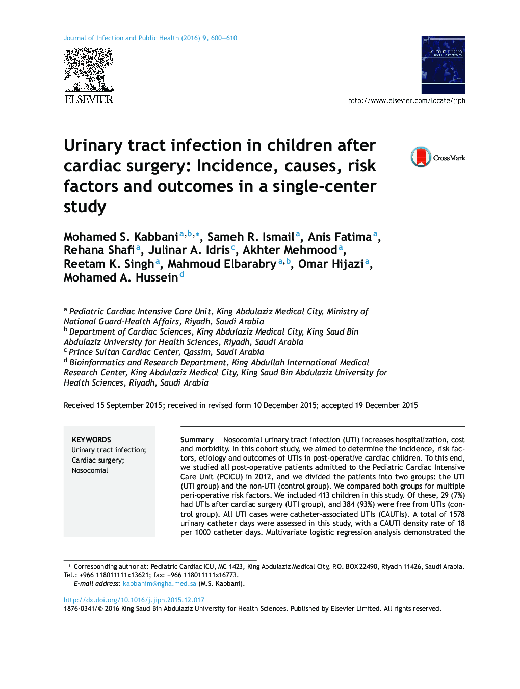 Urinary tract infection in children after cardiac surgery: Incidence, causes, risk factors and outcomes in a single-center study