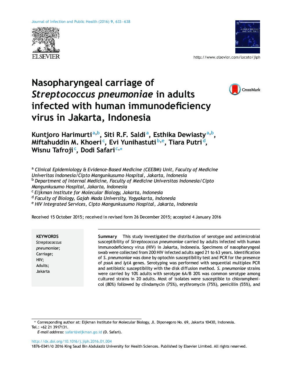 Nasopharyngeal carriage of Streptococcus pneumoniae in adults infected with human immunodeficiency virus in Jakarta, Indonesia