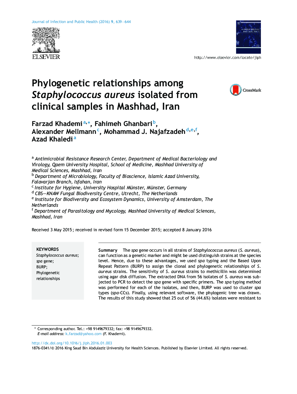 Phylogenetic relationships among Staphylococcus aureus isolated from clinical samples in Mashhad, Iran