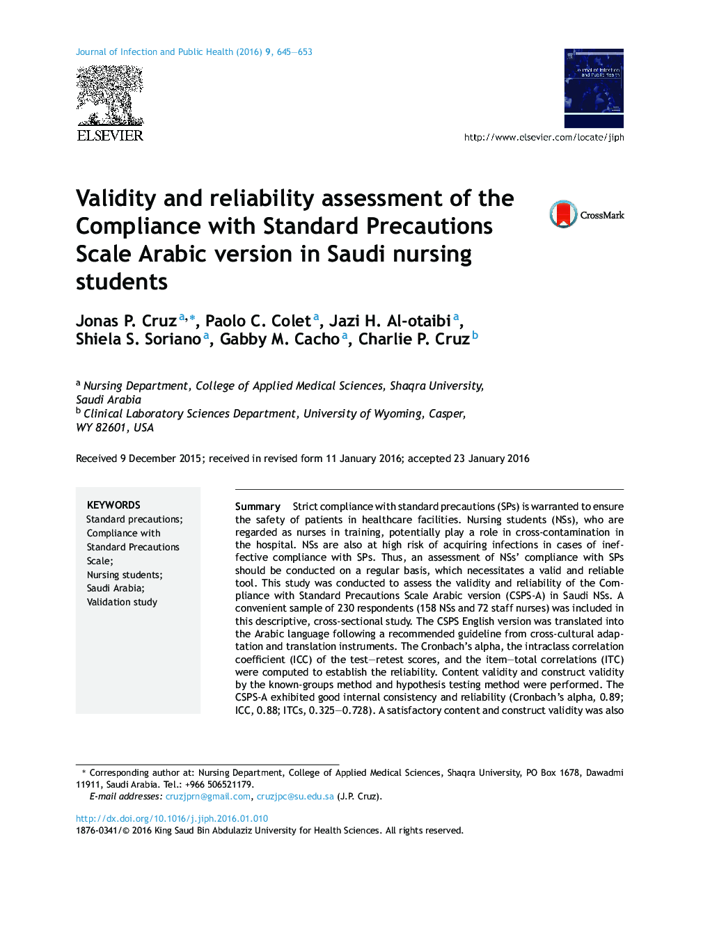 Validity and reliability assessment of the Compliance with Standard Precautions Scale Arabic version in Saudi nursing students