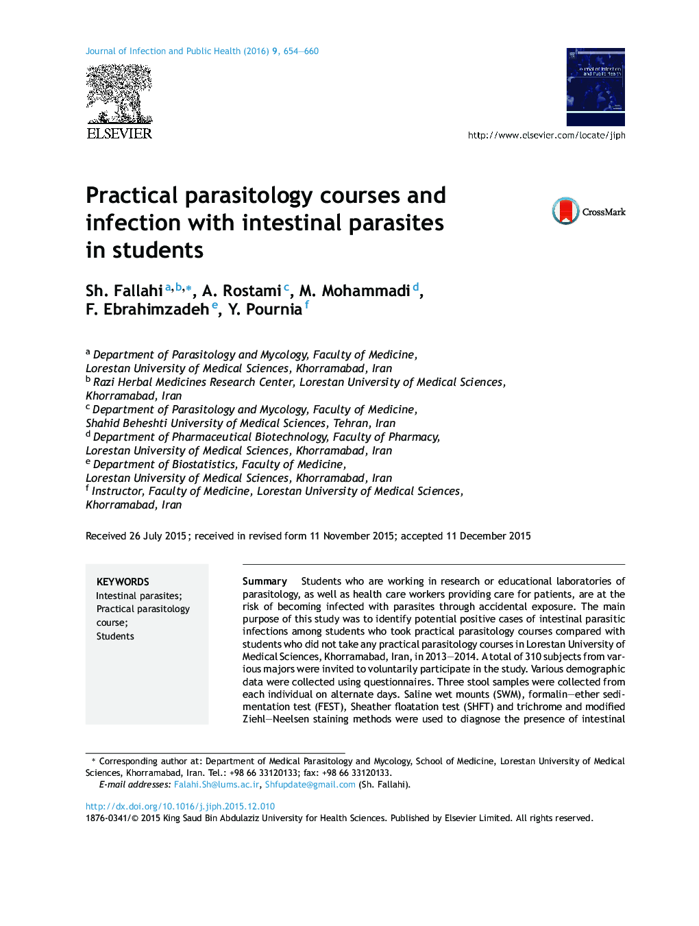 Practical parasitology courses and infection with intestinal parasites in students