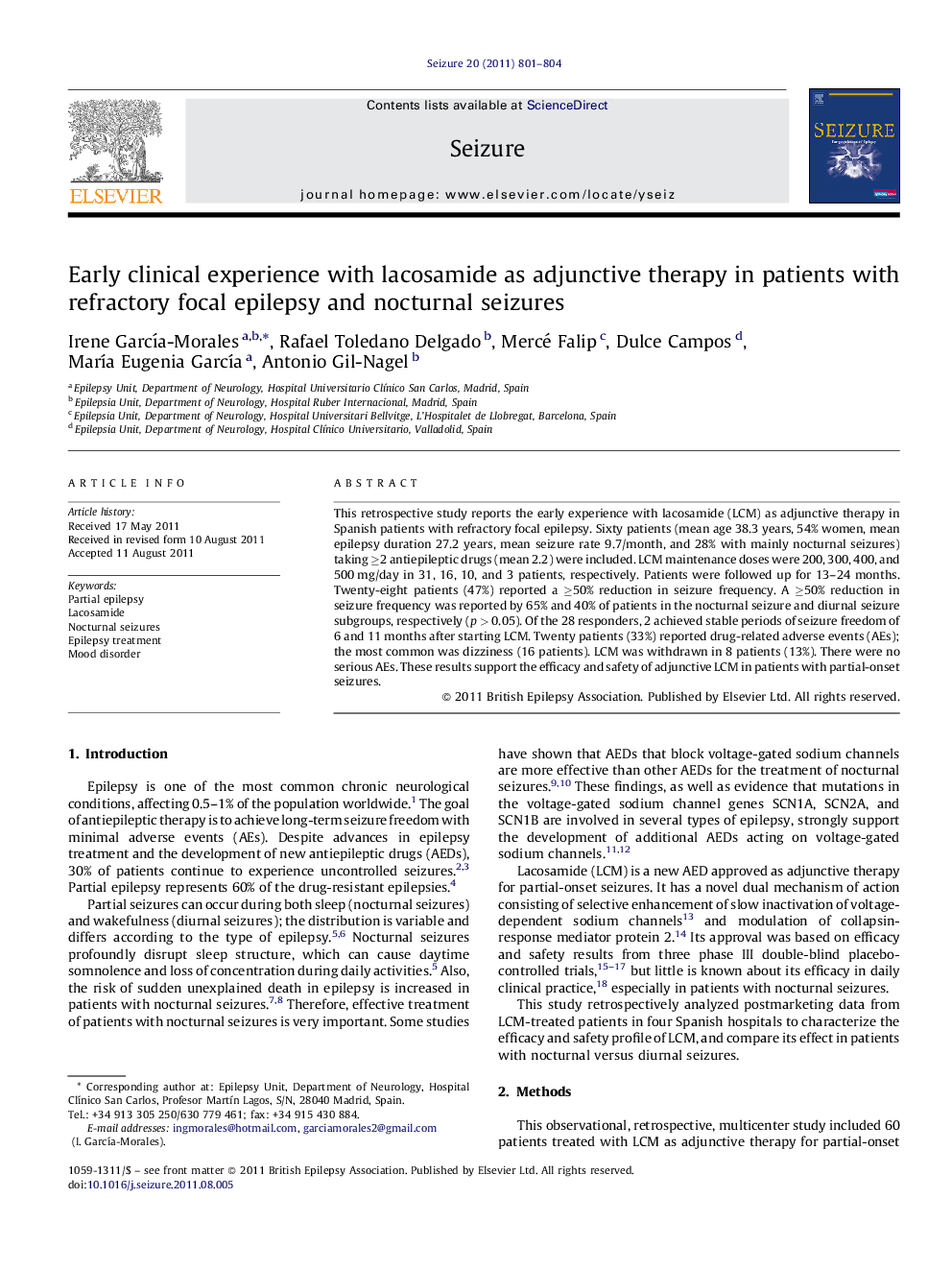 Early clinical experience with lacosamide as adjunctive therapy in patients with refractory focal epilepsy and nocturnal seizures