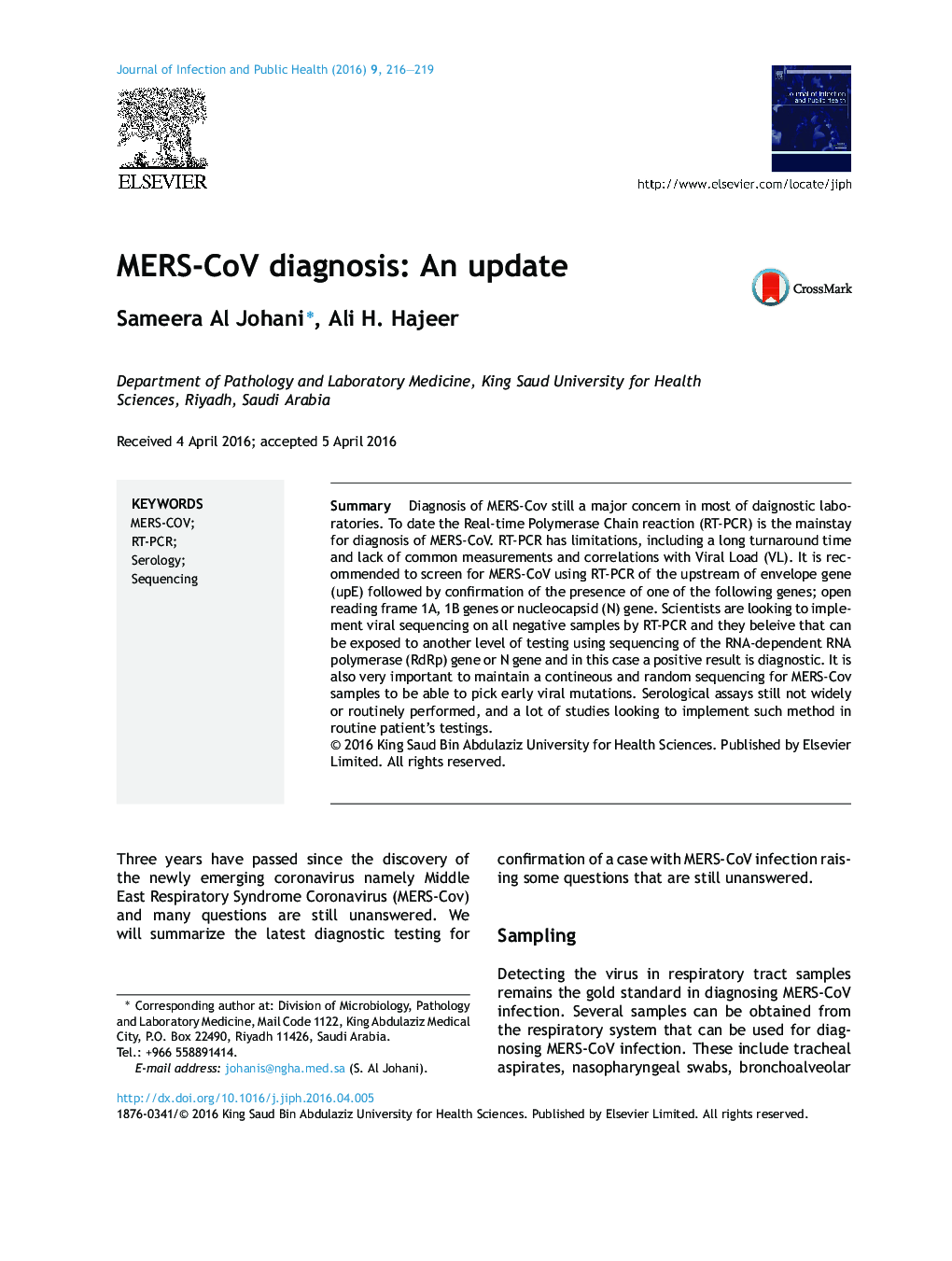 MERS-CoV diagnosis: An update