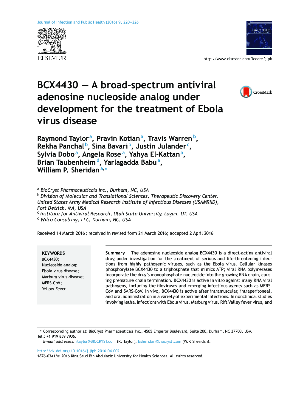 BCX4430 – A broad-spectrum antiviral adenosine nucleoside analog under development for the treatment of Ebola virus disease