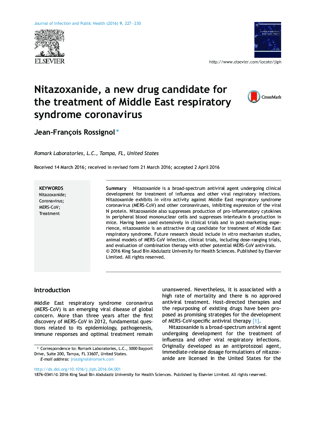 Nitazoxanide, a new drug candidate for the treatment of Middle East respiratory syndrome coronavirus