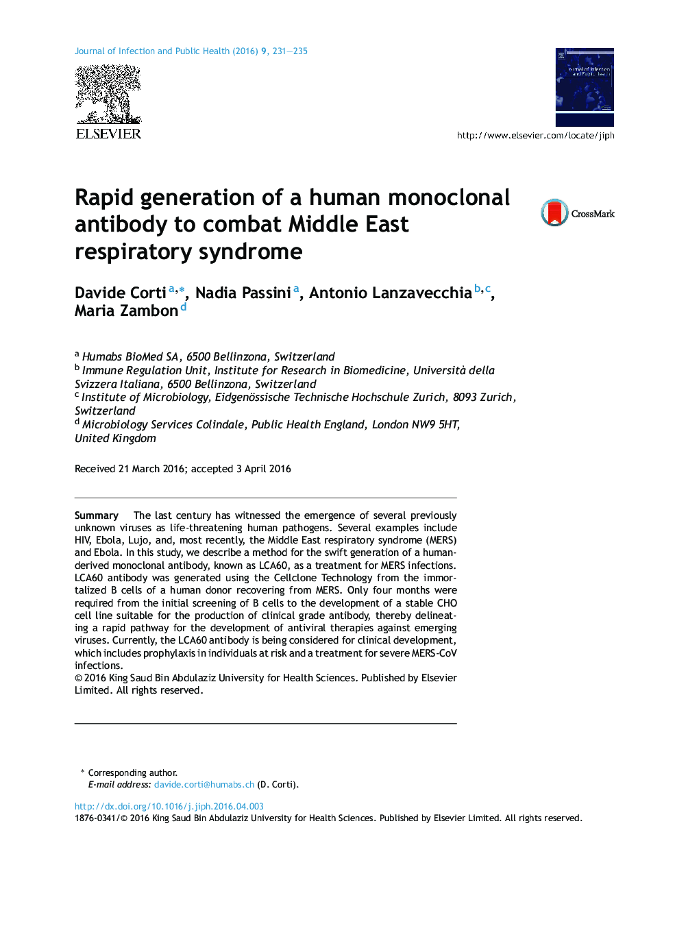 Rapid generation of a human monoclonal antibody to combat Middle East respiratory syndrome