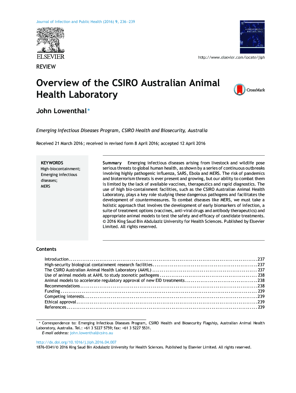 Overview of the CSIRO Australian Animal Health Laboratory