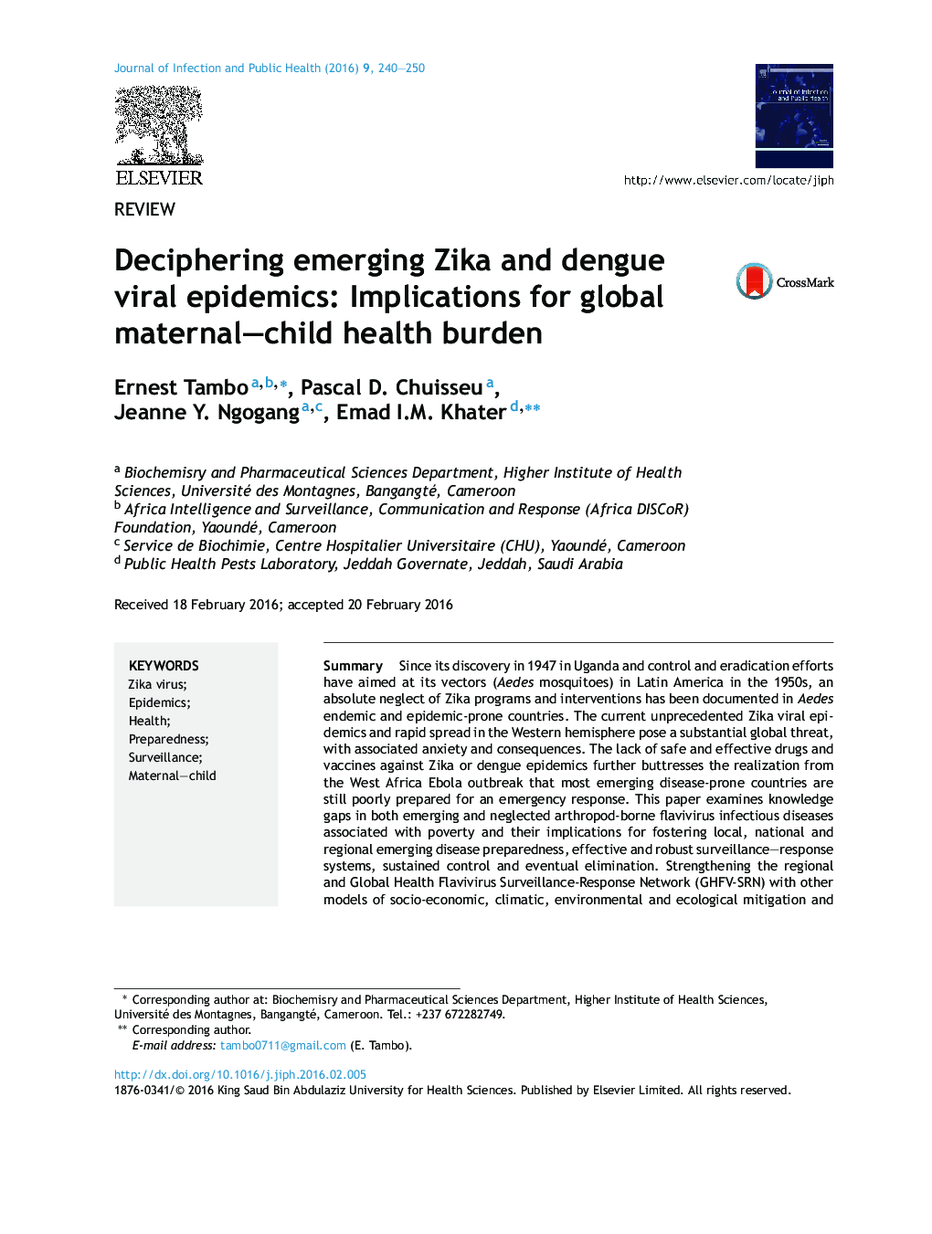 Deciphering emerging Zika and dengue viral epidemics: Implications for global maternal–child health burden