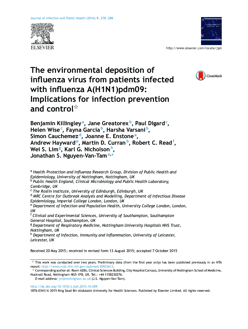 The environmental deposition of influenza virus from patients infected with influenza A(H1N1)pdm09: Implications for infection prevention and control 