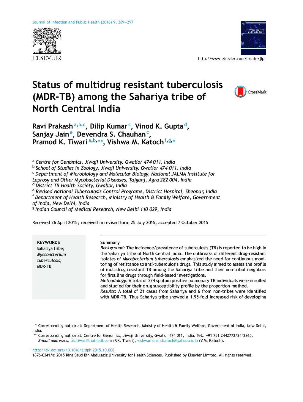 Status of multidrug resistant tuberculosis (MDR-TB) among the Sahariya tribe of North Central India