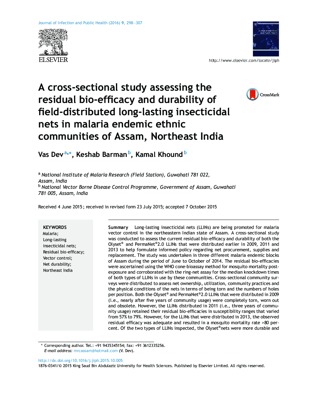 A cross-sectional study assessing the residual bio-efficacy and durability of field-distributed long-lasting insecticidal nets in malaria endemic ethnic communities of Assam, Northeast India