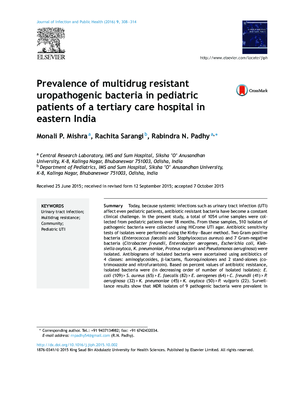 Prevalence of multidrug resistant uropathogenic bacteria in pediatric patients of a tertiary care hospital in eastern India