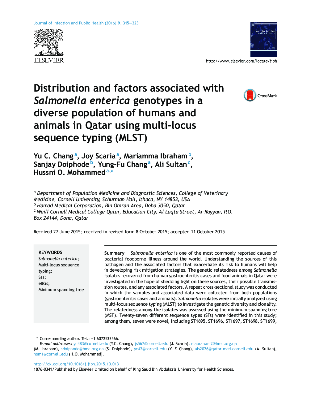 Distribution and factors associated with Salmonella enterica genotypes in a diverse population of humans and animals in Qatar using multi-locus sequence typing (MLST)