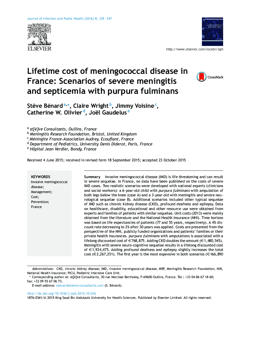 Lifetime cost of meningococcal disease in France: Scenarios of severe meningitis and septicemia with purpura fulminans