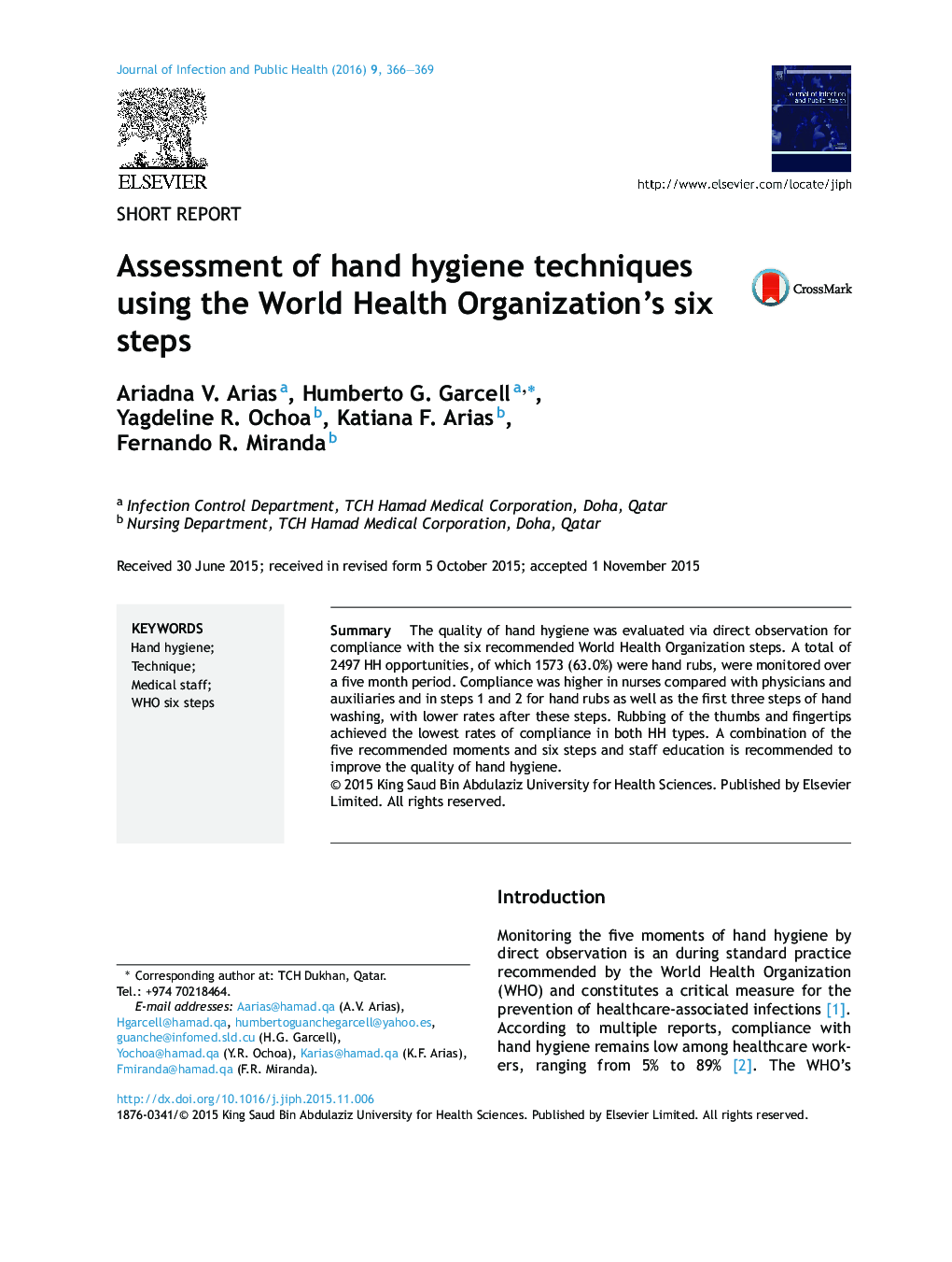 Assessment of hand hygiene techniques using the World Health Organization's six steps