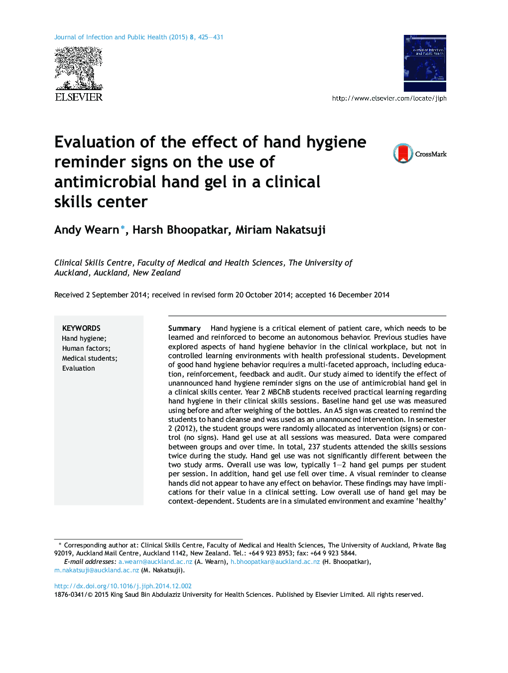 Evaluation of the effect of hand hygiene reminder signs on the use of antimicrobial hand gel in a clinical skills center