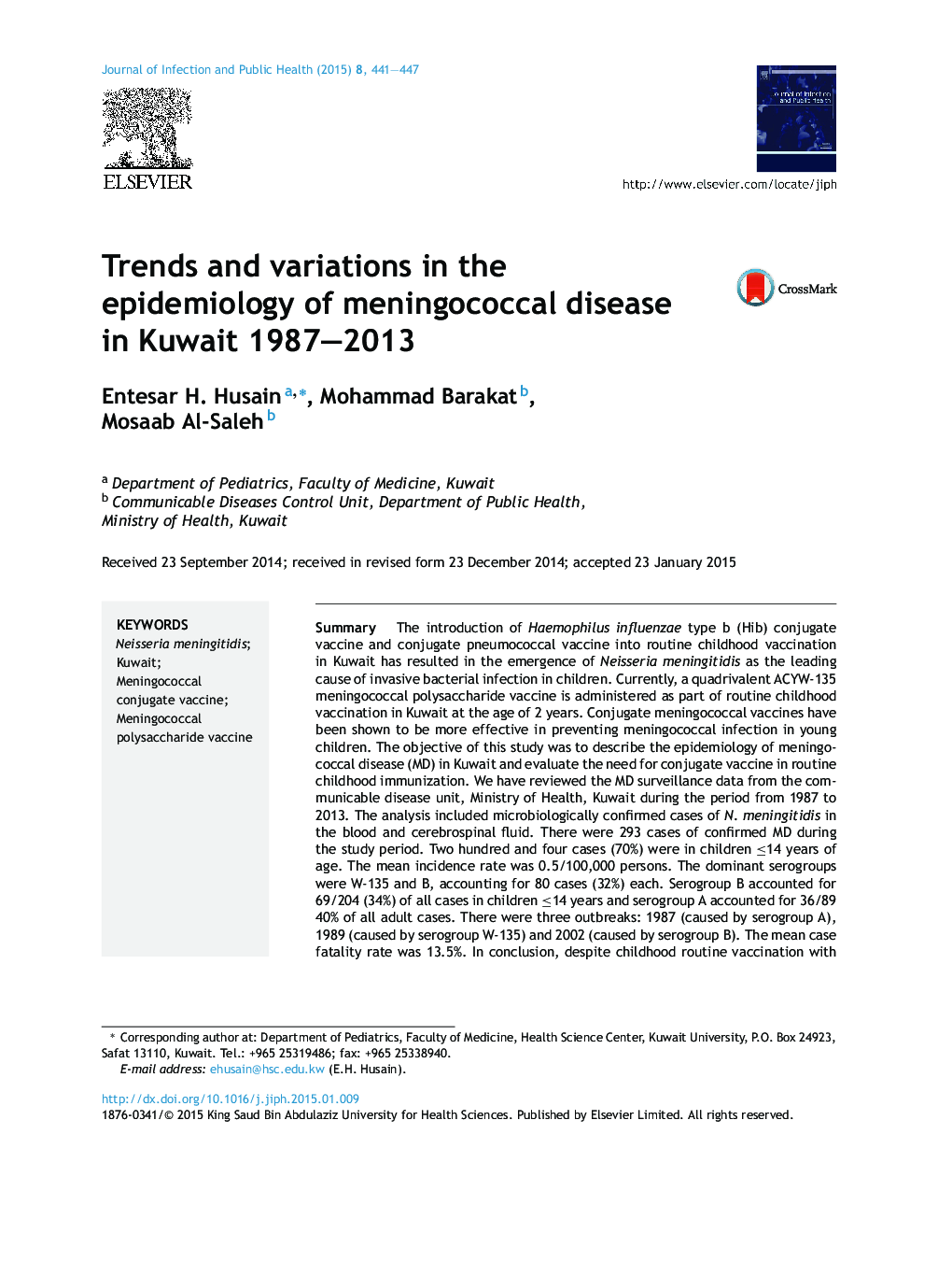 Trends and variations in the epidemiology of meningococcal disease in Kuwait 1987–2013