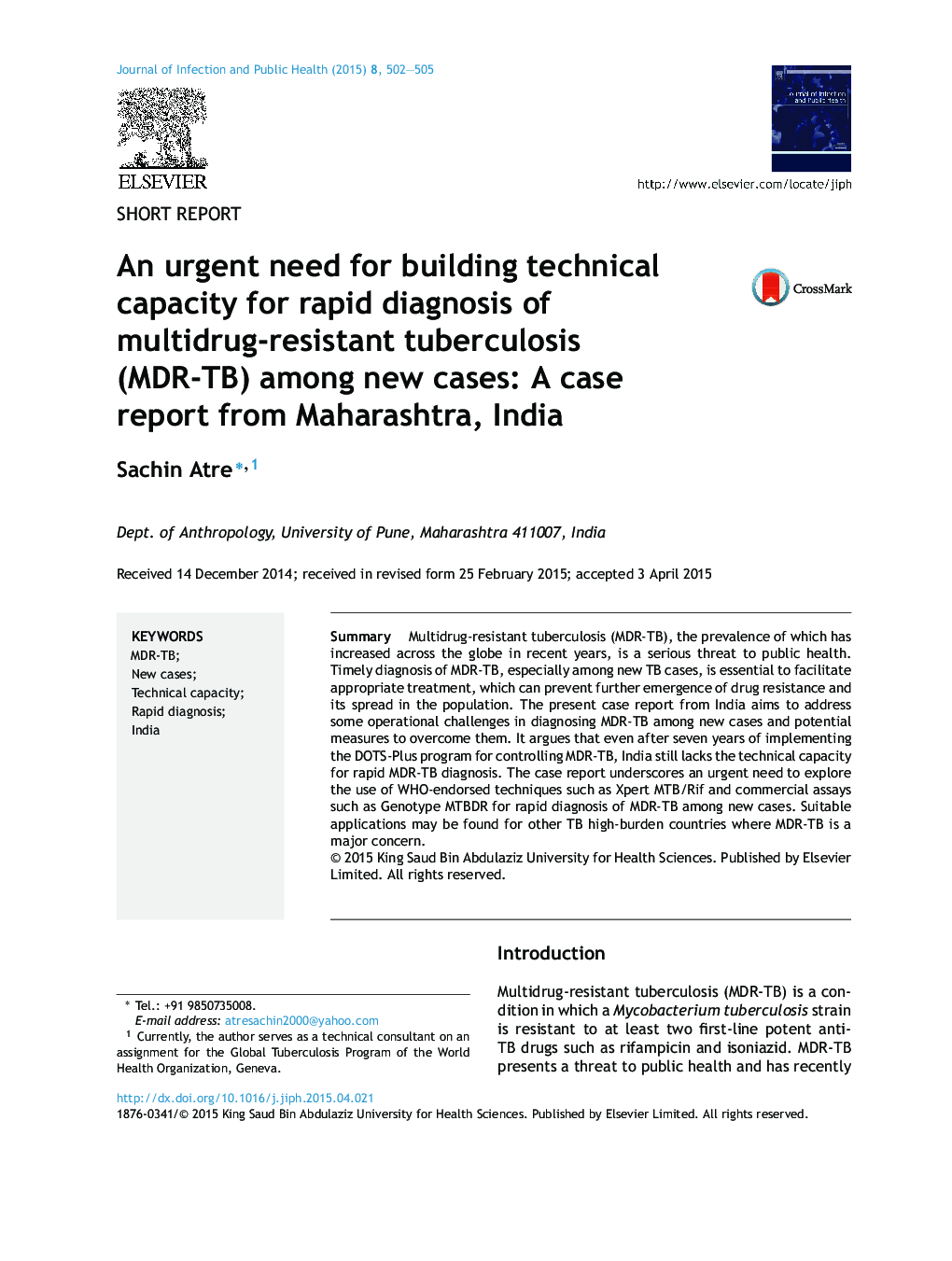 An urgent need for building technical capacity for rapid diagnosis of multidrug-resistant tuberculosis (MDR-TB) among new cases: A case report from Maharashtra, India