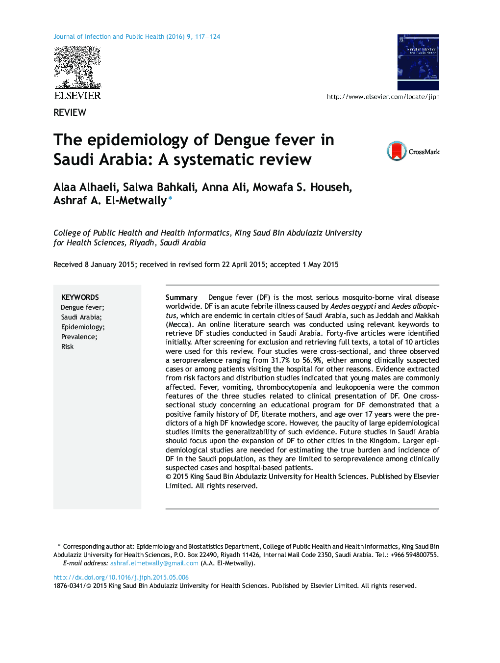 The epidemiology of Dengue fever in Saudi Arabia: A systematic review