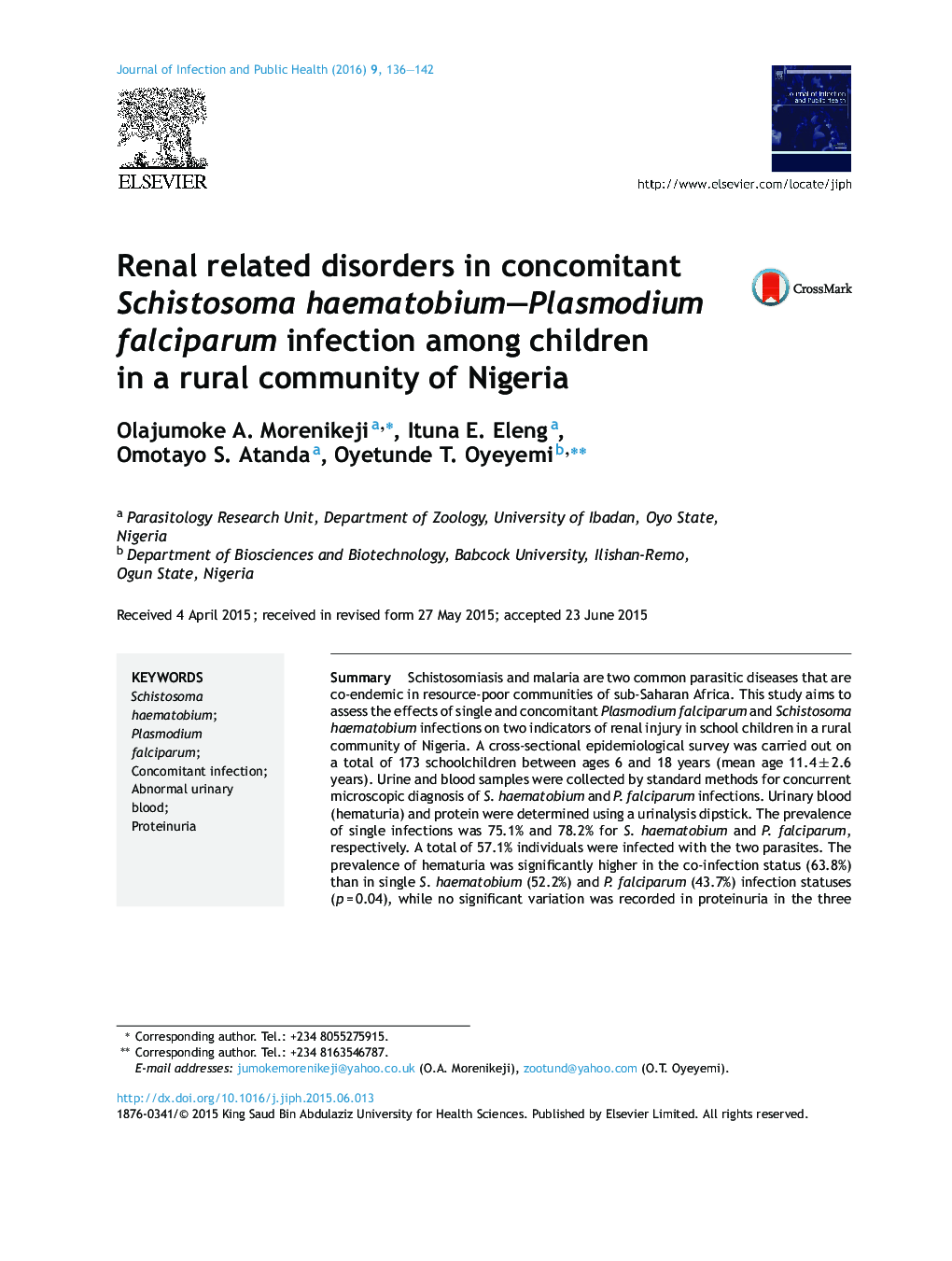 Renal related disorders in concomitant Schistosoma haematobium–Plasmodium falciparum infection among children in a rural community of Nigeria