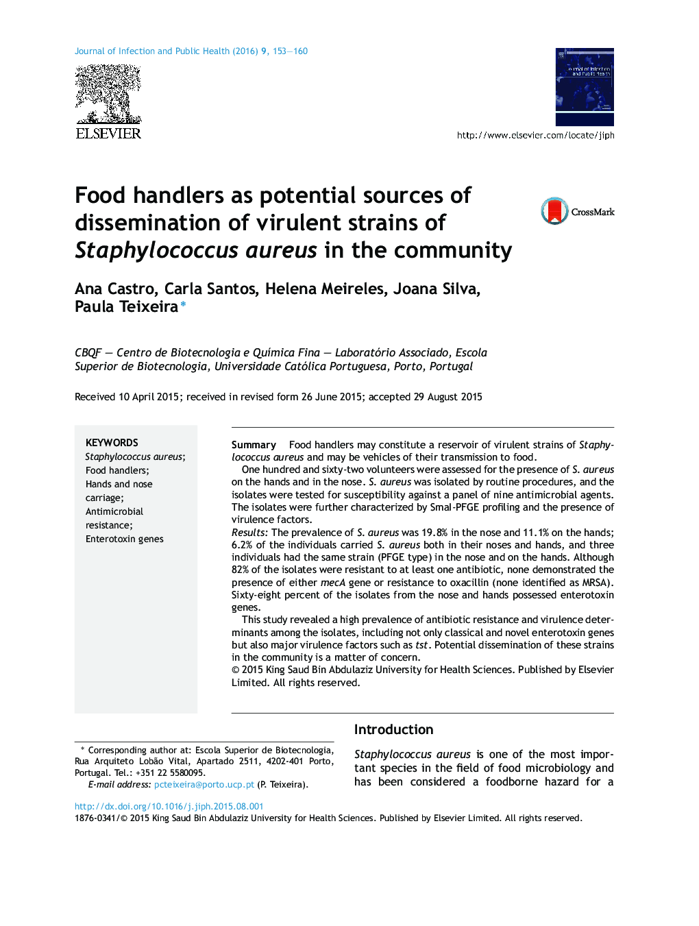 Food handlers as potential sources of dissemination of virulent strains of Staphylococcus aureus in the community