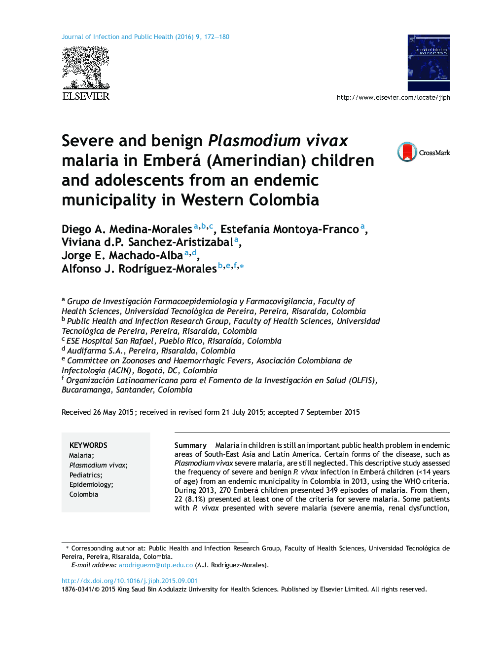 Severe and benign Plasmodium vivax malaria in Emberá (Amerindian) children and adolescents from an endemic municipality in Western Colombia