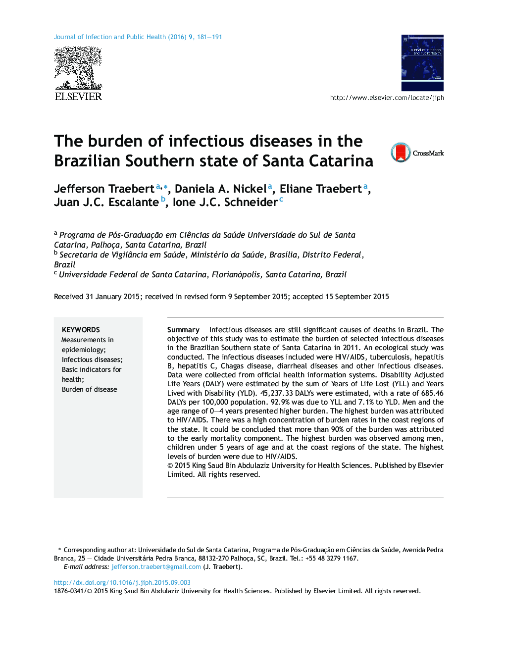 The burden of infectious diseases in the Brazilian Southern state of Santa Catarina