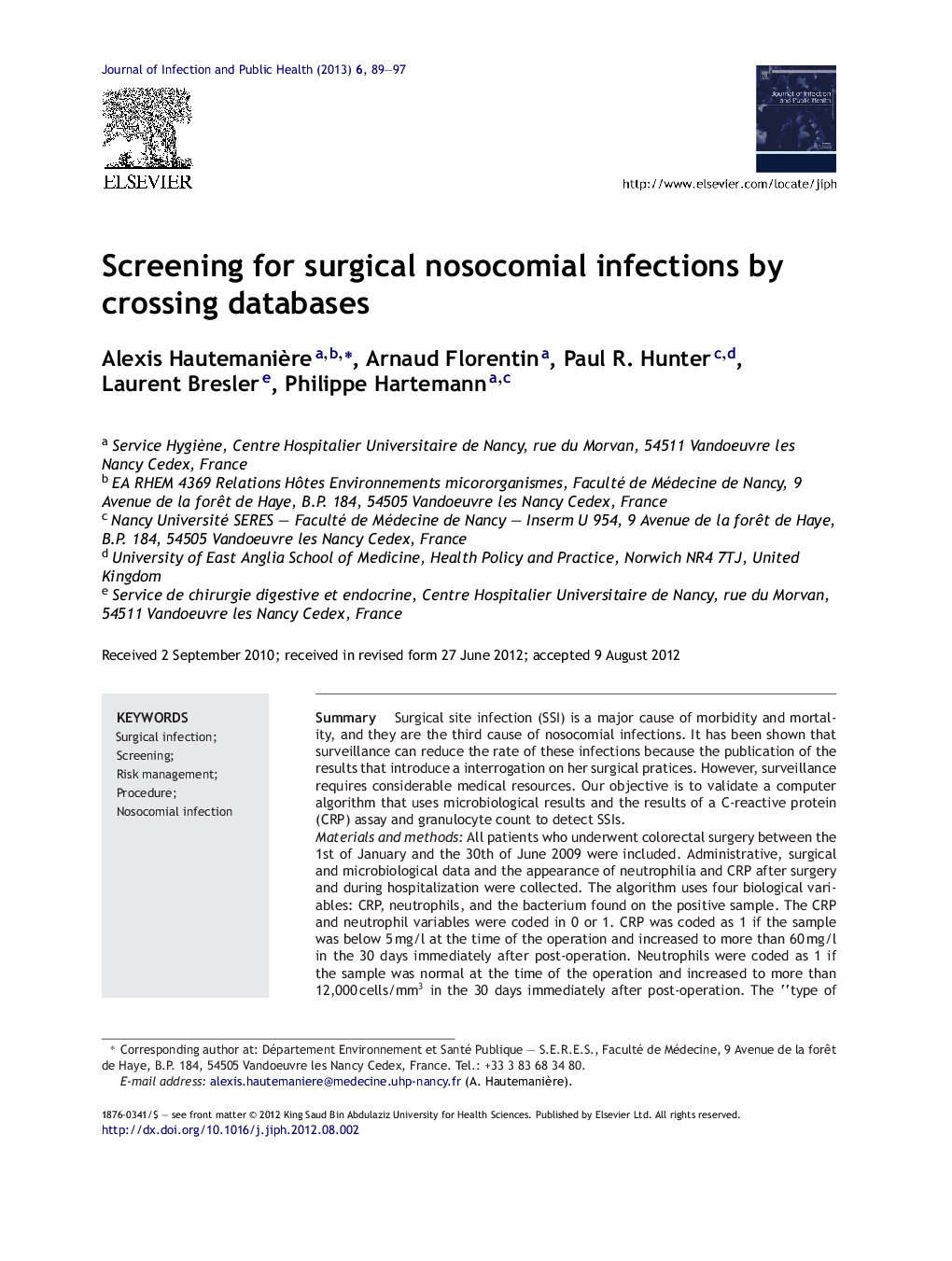 Screening for surgical nosocomial infections by crossing databases